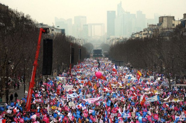 Thousands of people demonstrate against France's gay marriage law in an attempt to block legislation that will allow homosexual couples to marry and adopt children on March 24, 2013 in Paris. AFP PHOTO / PIERRE ANDRIEU