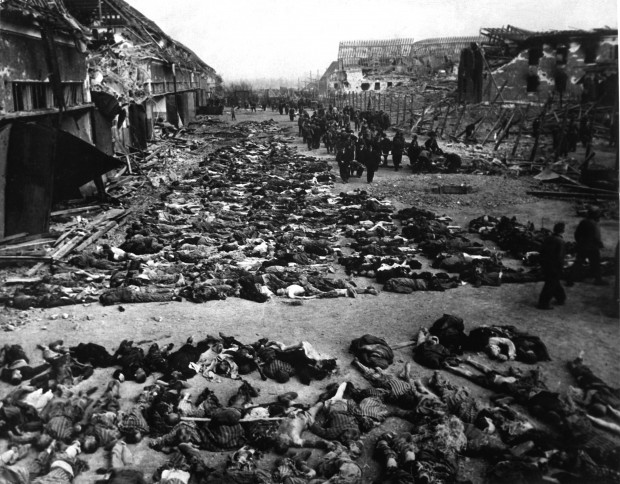 Rows of bodies of dead inmates fill the yard of Lager Nordhausen, a Gestapo concentration camp. This photo shows less than half of the bodies of the several hundred inmates who died of starvation or were shot by Gestapo men. Germany, April 12, 1945. Myers. (Army) NARA FILE #: 111-SC-203456 WAR & CONFLICT BOOK #: 1121